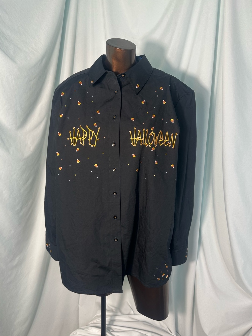 NWT Vintage Karen Scott Black Button-Up Halloween Embroidered - Picture 1 of 9